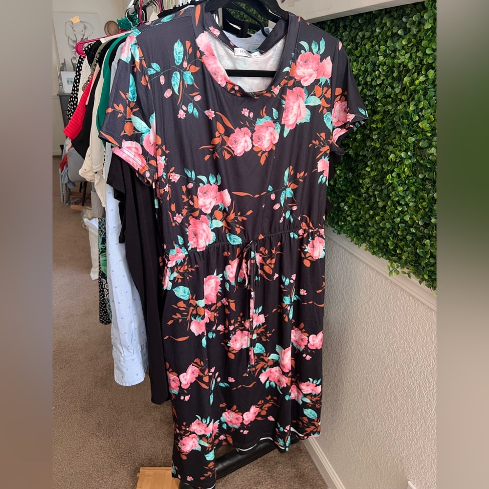 Haute edition XL short sleeve, floral, print drawstring, midi dress, 0239